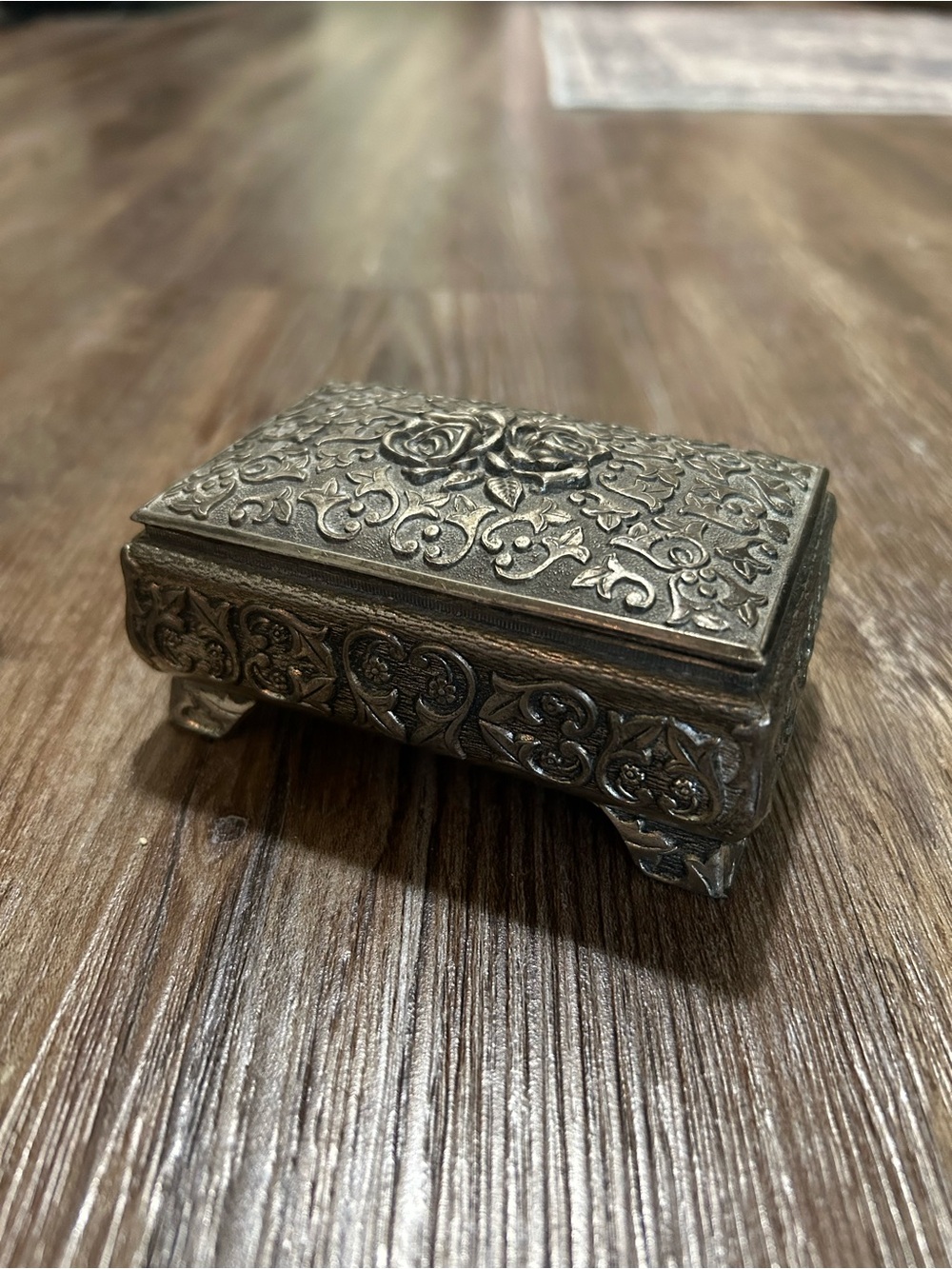 Vintage Small Metal Rose Detail Trinket Box With Velvety Lining